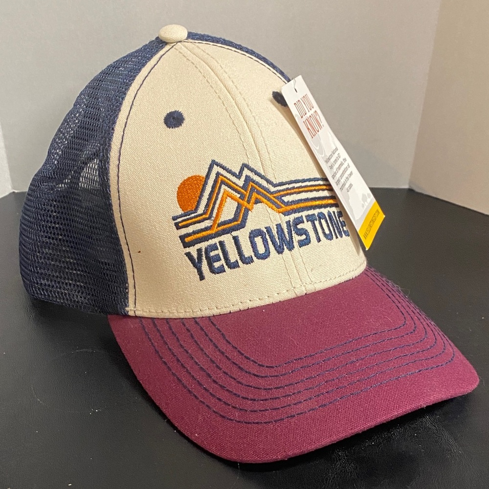 Yellowstone Embroidered Trucker Hat in Cream, Navy & Burgundy NWT